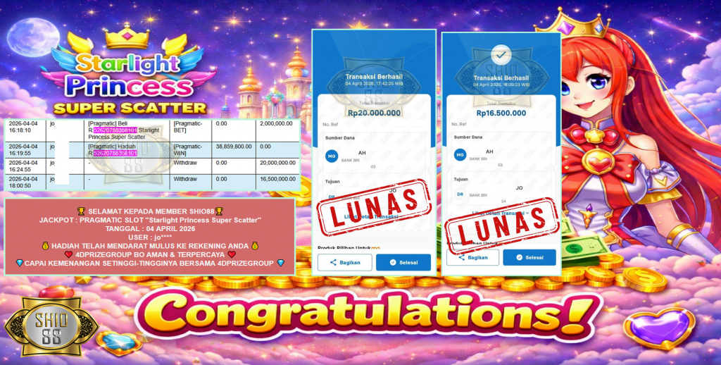 SHIO88 JACKPOT PRAGMATIC SLOT “Starlight Princess Super Scatter” Rp36.500.000,- LUNAS