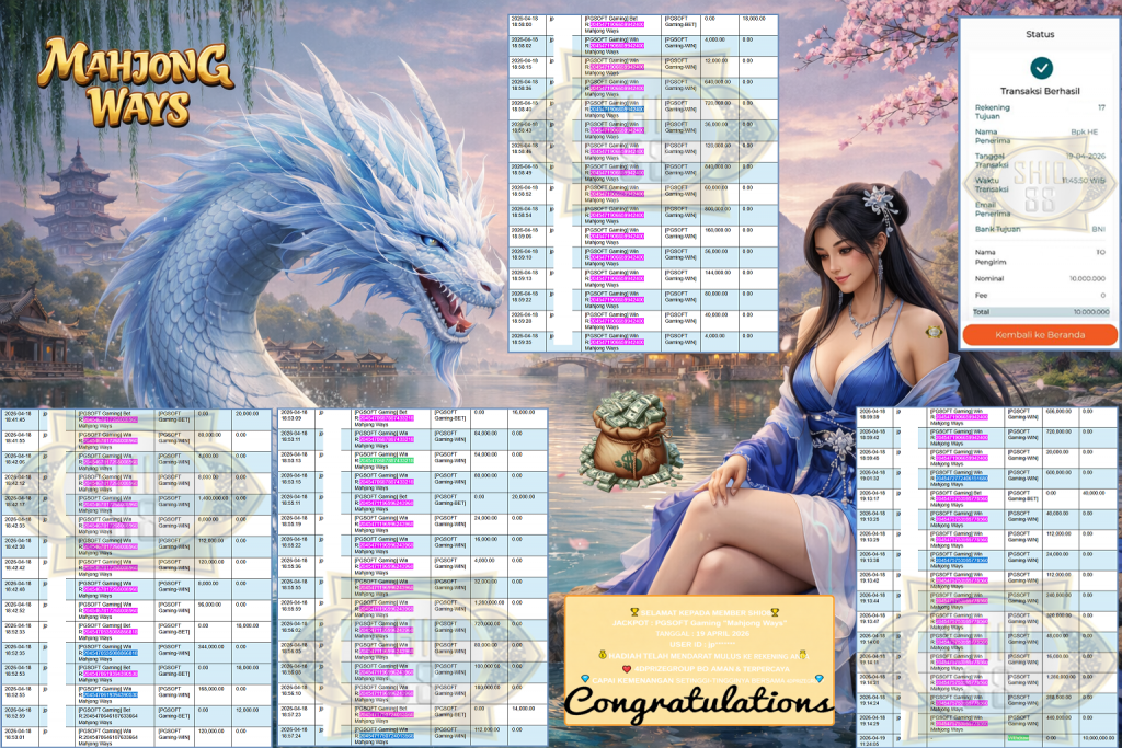 SHIO88 JACKPOT PGSOFT “Mahjong Ways” Rp10.000.000,- LUNAS