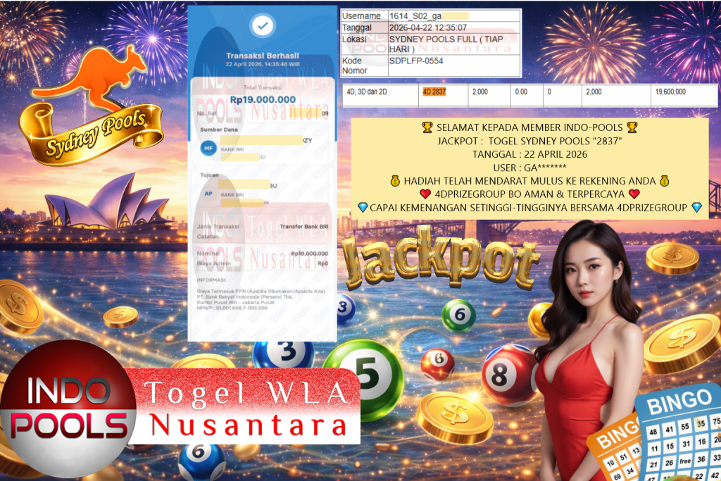 INDO-POOLS JACKPOT TOGEL SYDNEY POOLS “2837” Rp19.000.000,- LUNAS