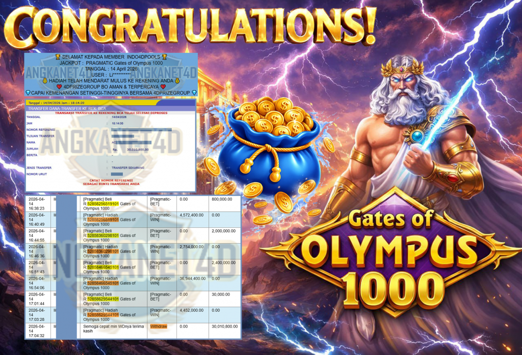 INDO4DPOOLS JACKPOT PRAGMATIC ” Gates of Olympus 1000 ” Rp 30,010,800,- LUNAS