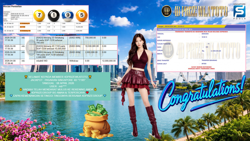 4DPRIZEWLATOTO JACKPOT PASARAN SINGAPORE 4D “7195” Rp12.000.000,- LUNAS