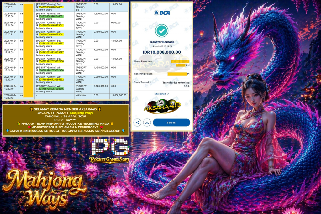 AKSARA4D JACKPOT PGSOFT Gaming ” Mahjong Ways “‎‎‏‏ ‎‎‏‏‎‎‏‏Rp 10.008.000 ,- LUNAS
