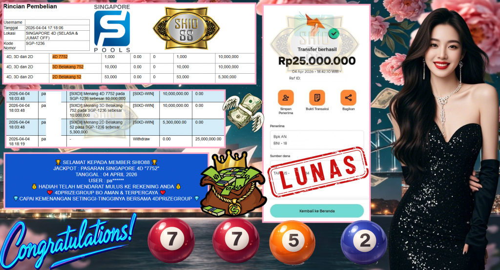 SHIO88 JACKPOT PASARAN SINGAPORE 4D “7752” Rp25.000.000,- LUNAS