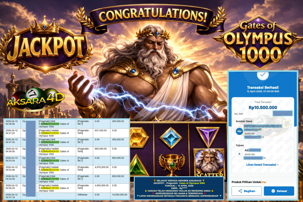 AKSARA4D JACKPOT PRAGMATIC ” Gates of Olympus 1000 ” Rp 10.500.000,- LUNAS