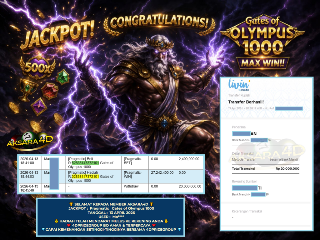 AKSARA4D JACKPOT PRAGMATIC ” Gates of Olympus 1000 ” Rp 20.000.000,- LUNAS