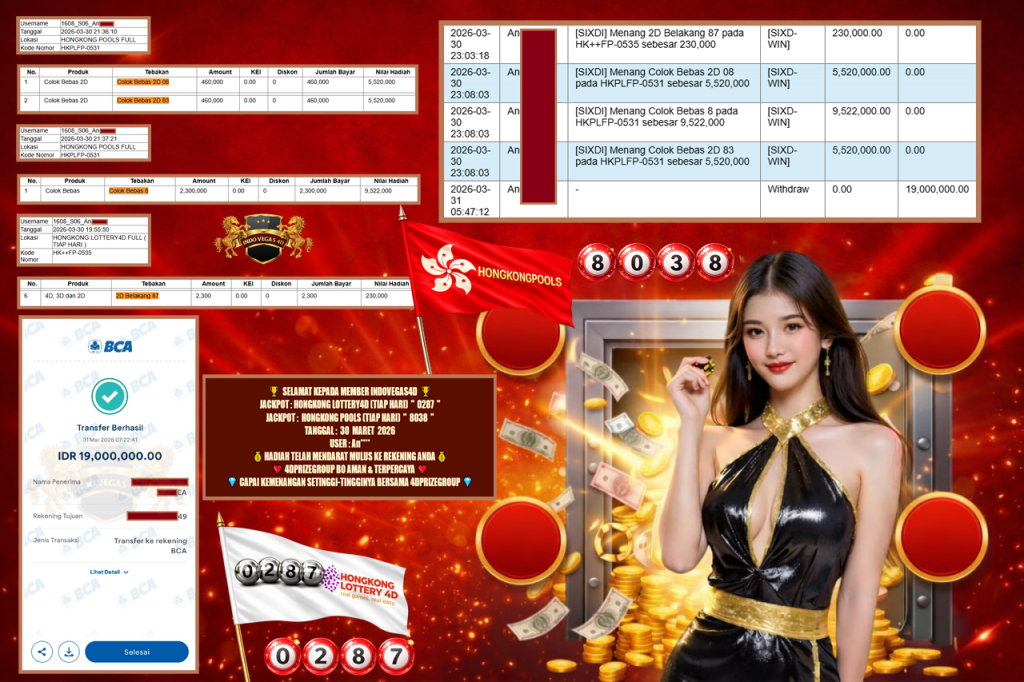 INDOVEGAS4D JACKPOT HONGKONG LOTTERY4D (TIAP HARI) ” 0287 ” , HONGKONG POOLS (TIAP HARI) ” 8038 ” Rp 19.000.000,- LUNAS