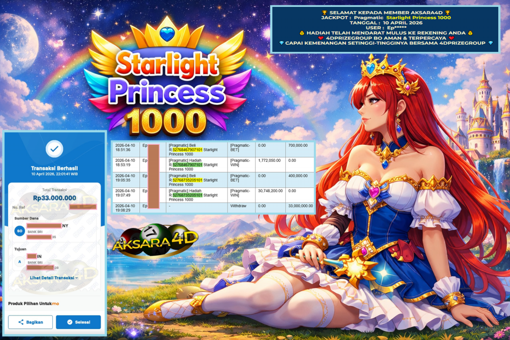 AKSARA4D JACKPOT PRAGMATIC ” Starlight Princess 1000 ” Rp 33.000.000,- LUNAS