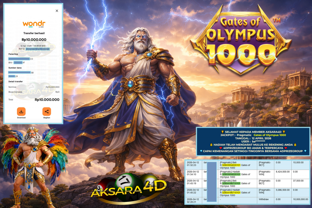 AKSARA4D JACKPOT PRAGMATIC ” Gates of Olympus 1000 ” Rp 10.000.000,- LUNAS