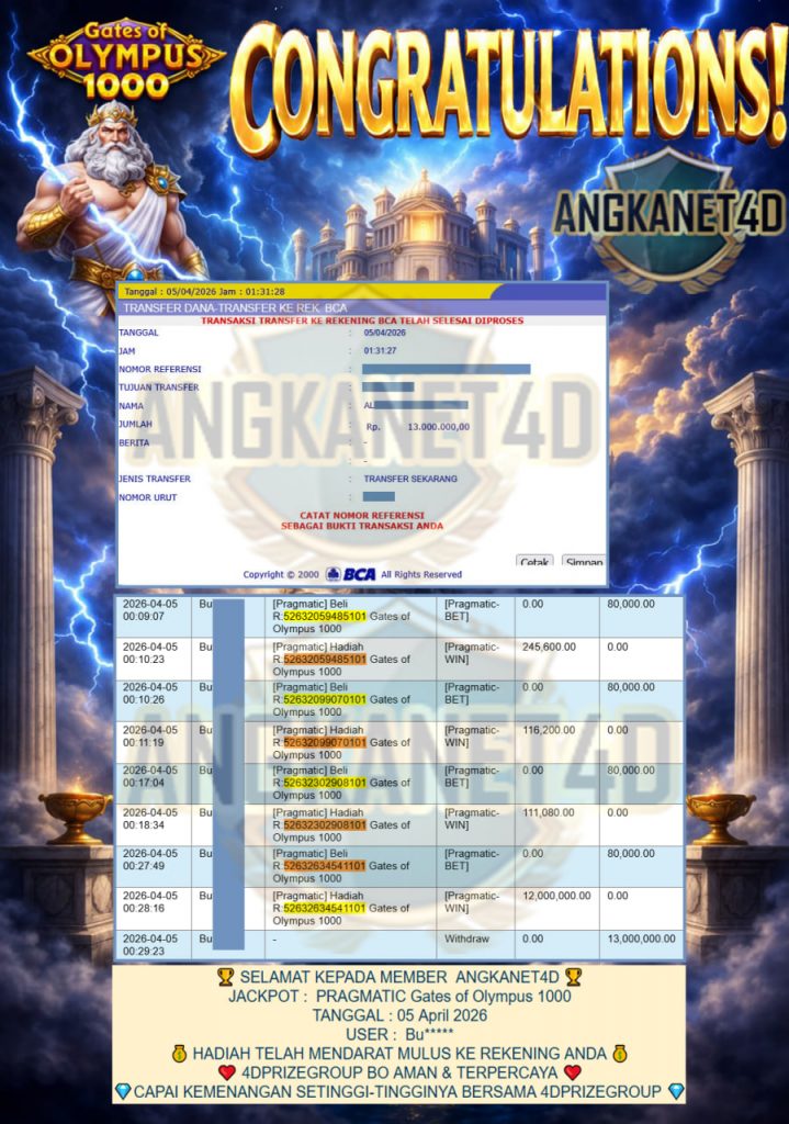 ANGKANET4D JACKPOT PRAGMATIC SLOT ” Gates of Olympus 1000 ” Rp 13,000,000,- LUNAS