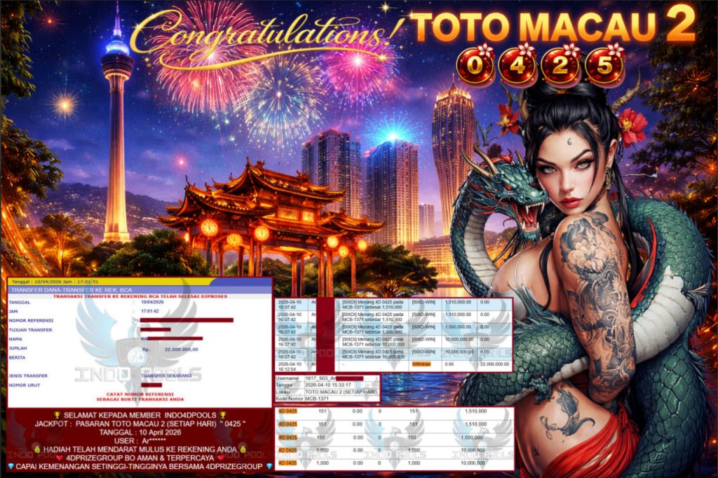 INDO4DPOOLS JACKPOT PASARAN ” TOTO MACAU 2 (SETIAP HARI) ” 0425 ” ” Rp 22,000,000,- LUNAS