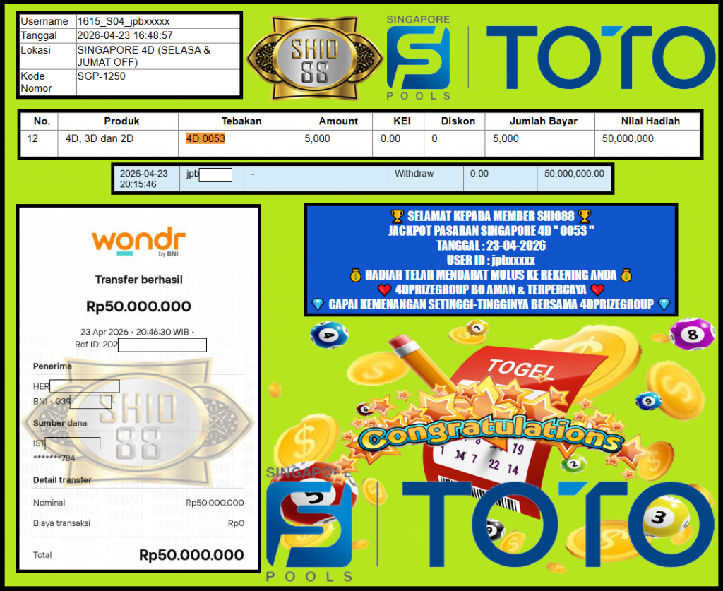 SHIO88 JACKPOT PASARAN SINGAPORE 4D ” 0053 ” ‎‎‏Rp 50.000.000,- LUNAS