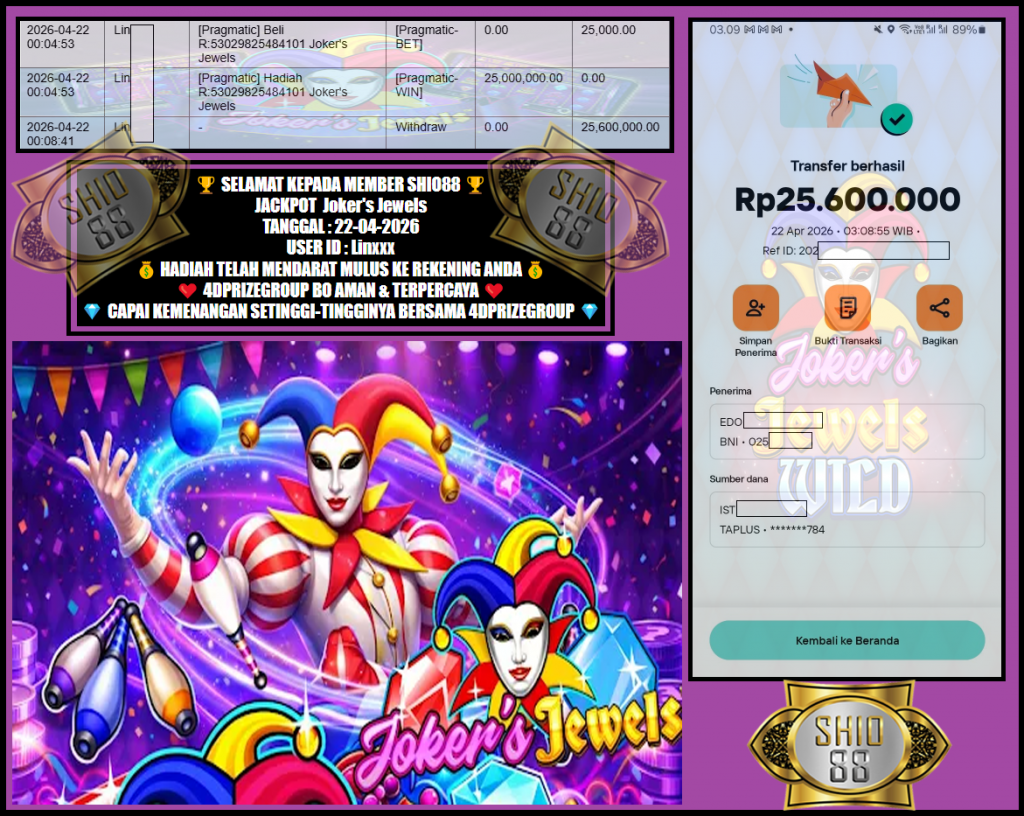 SHIO88 JACKPOT PRAGMATIC ” Joker’s Jewels “‎‏‏‎‎ Rp.25.600.000,- LUNAS