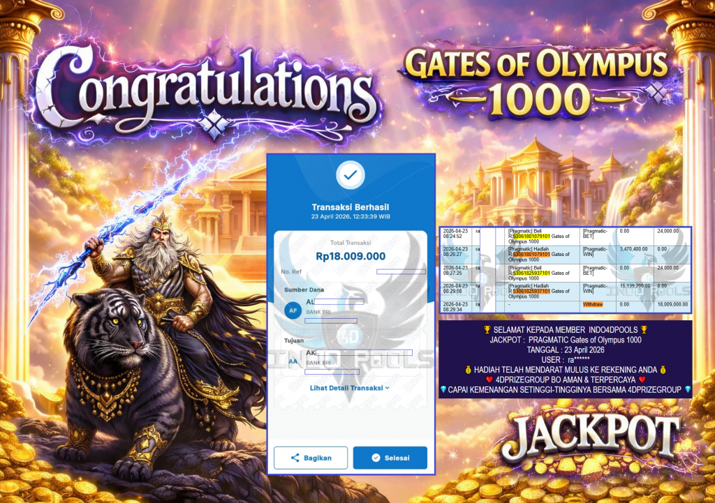 INDO4DPOOLS JACKPOT PRAGMATIC ” Gates of Olympus 1000 ” Rp 18,009,000,- LUNAS