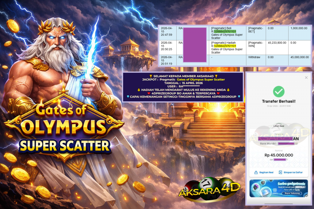 AKSARA4D JACKPOT PRAGMATIC ” Gates of Olympus Super Scatter ” Rp 45.000.000,- LUNAS