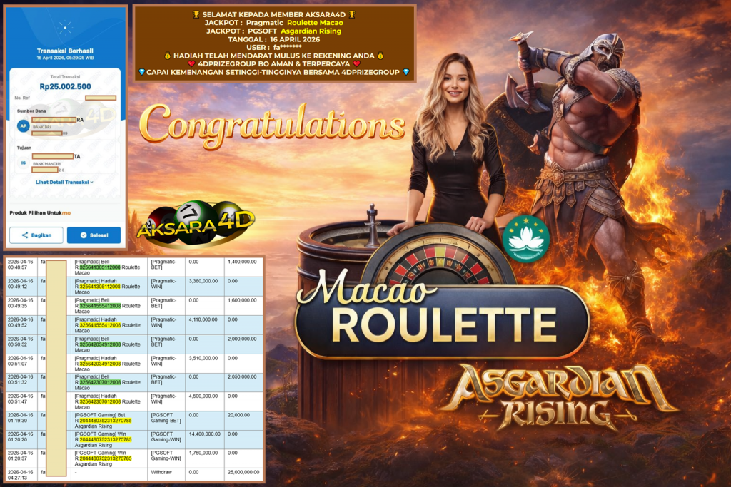 AKSARA4D JACKPOT PRAGMATIC ” Roulette Macao & PGSOFT Asgardian Rising ” Rp 25.000.000,- LUNAS