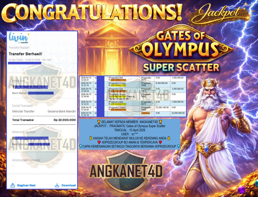 ANGKANET4D JACKPOT PRAGMATIC SLOT ” Gates of Olympus Super Scatter ” Rp 22,000,000,- LUNAS