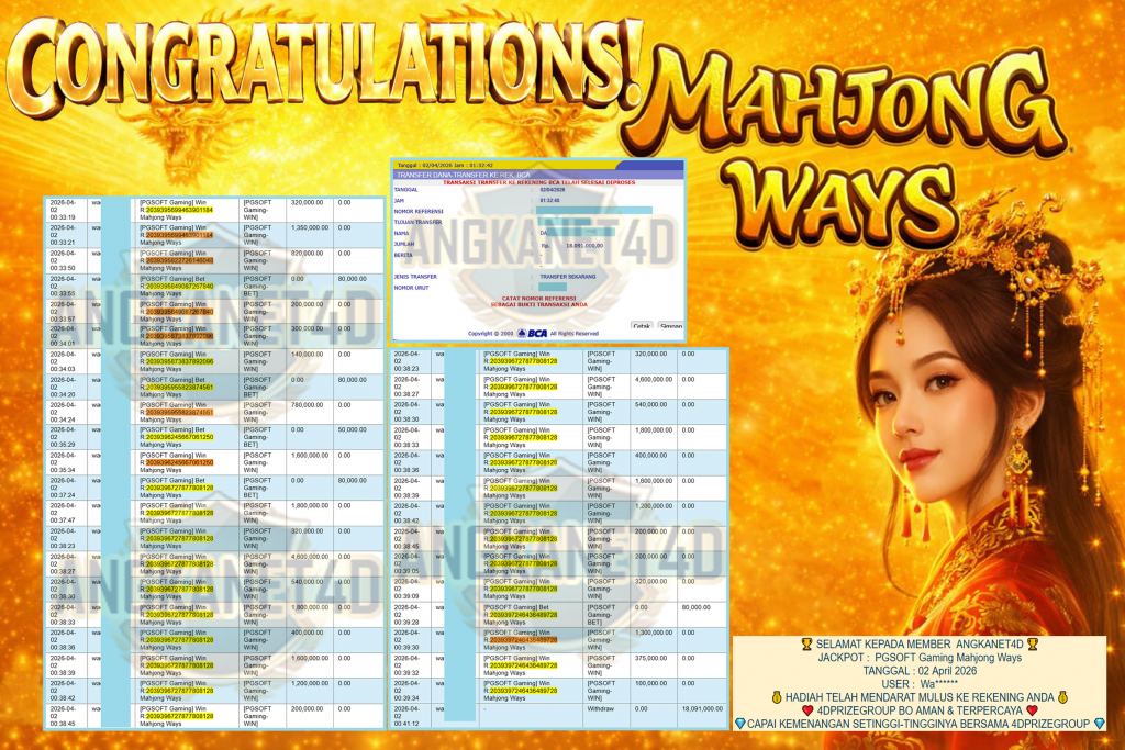 ANGKANET4D JACKPOT PGSOFT Gaming ” Mahjong Ways ” Rp 18,091,000,- LUNAS